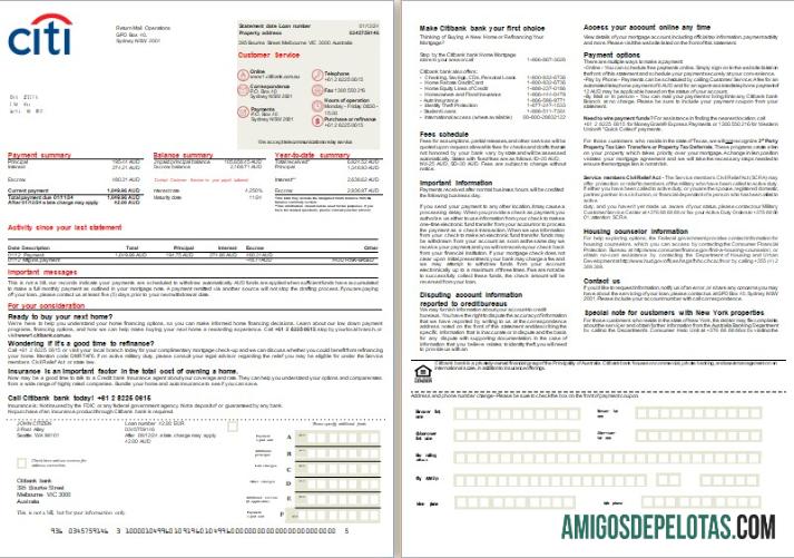 Extrato de hipoteca do banco Citibank da Austrália, 2 páginas, 1 2 Scr exemplo